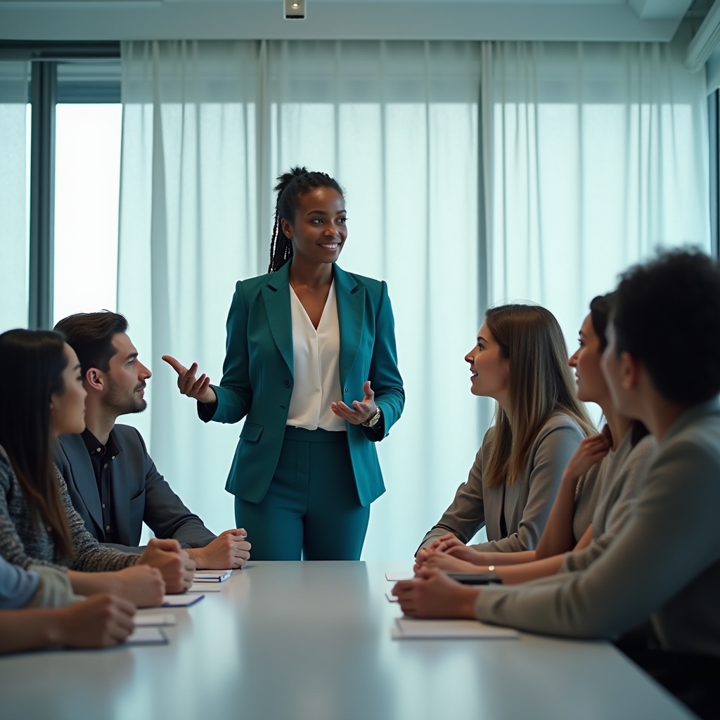 Professional woman presenting to a diverse group of colleagues in a conference room, adapting her communication style to engage different audience members