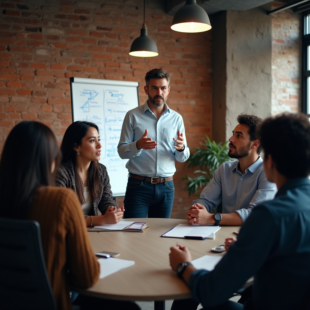 Small group of professionals in a communication workshop actively practicing speaking exercises