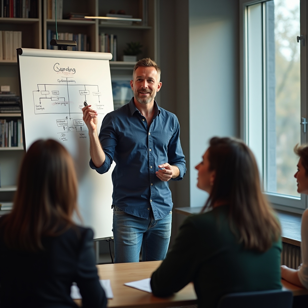 Communication instructor explaining message structure concepts on a whiteboard to a small professional group