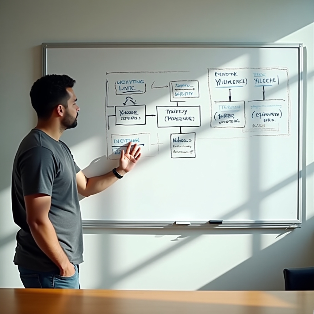 Professional mapping out a message structure framework on a whiteboard in a well-lit meeting room