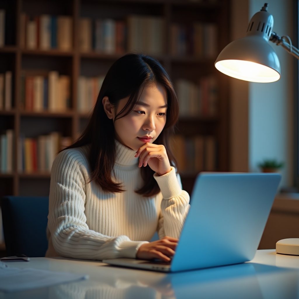 Professional woman studying communication course on laptop in a quiet modern workspace with focused expression