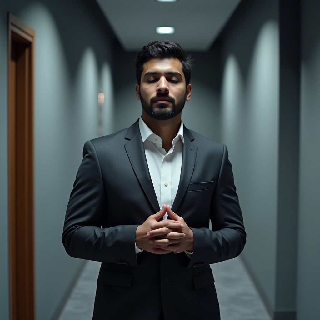 Young professional man in a suit quietly preparing himself before a presentation, eyes closed, composed expression, backstage corridor setting