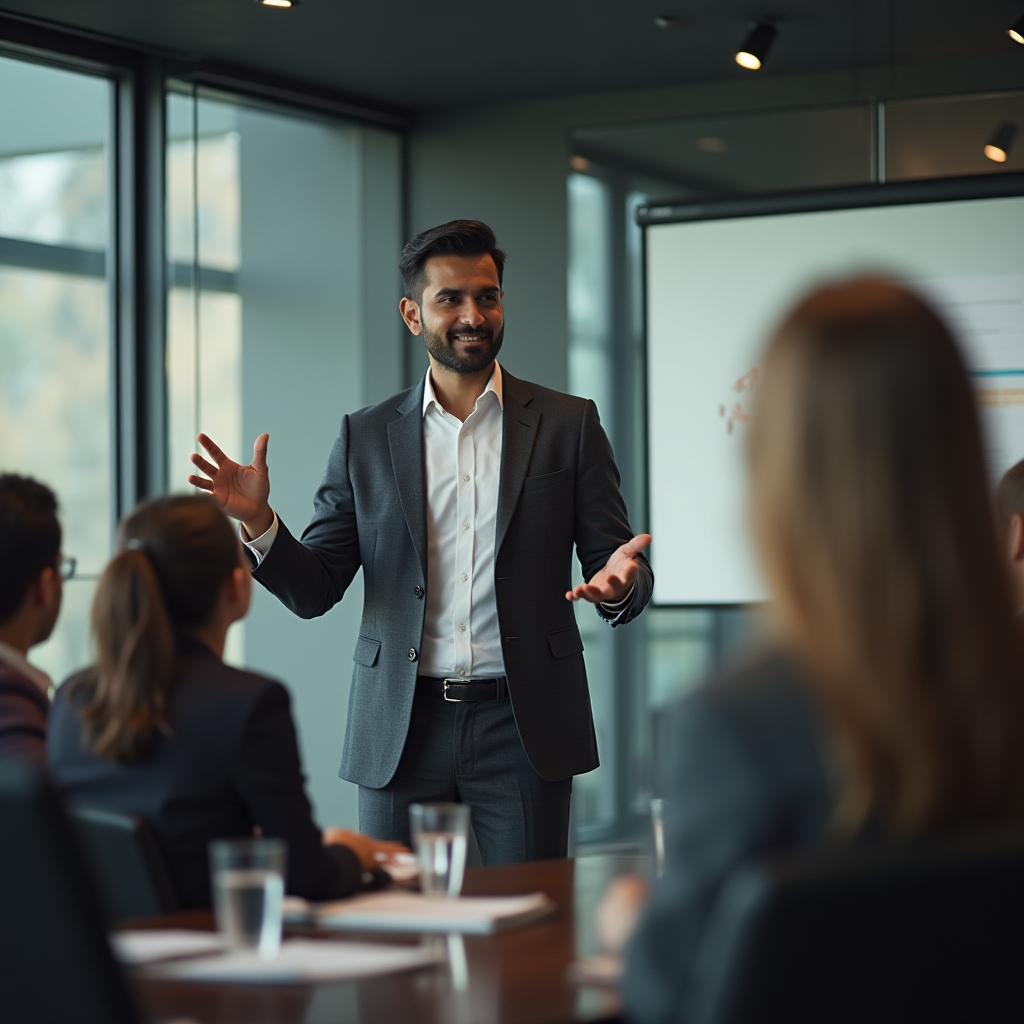 Professional presenting confidently in a boardroom to engaged colleagues